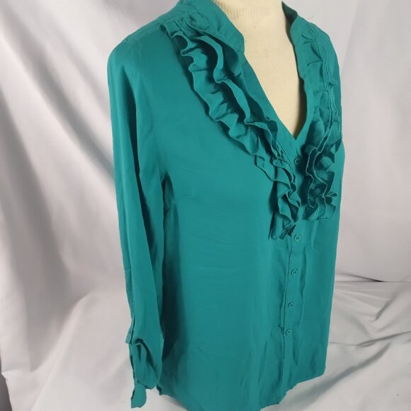 Forever 21 Womens Green Long Sleeve Button Down Ruffle Blouse Size Large - Picture 3 of 5